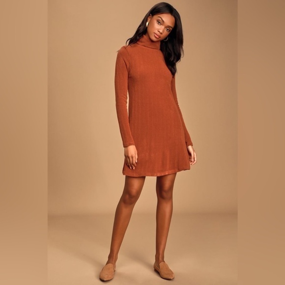 Lulus Up, Up, and A-Sway Rust Red Ribbed Turtleneck Swing Dress